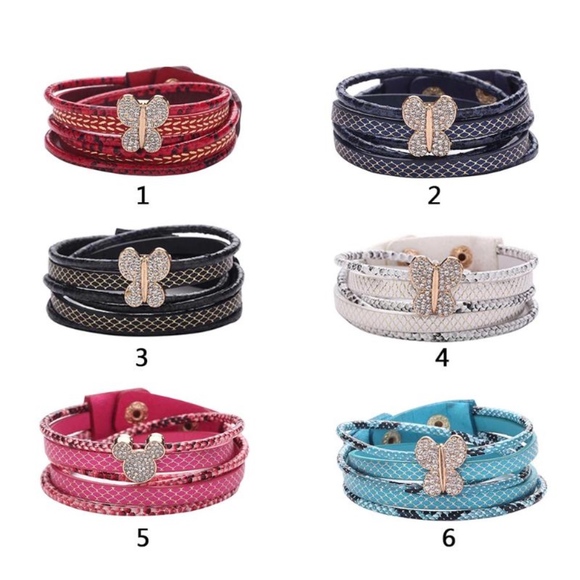 Black Python Leather Wrap Butterfly Charm Bracelet - Picture 5 of 8